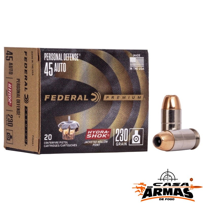 Munição FEDERAL PERSONAL DEFENSE HYDRA-SHOK .45 AUTO HP 230 Grains – Cx 20