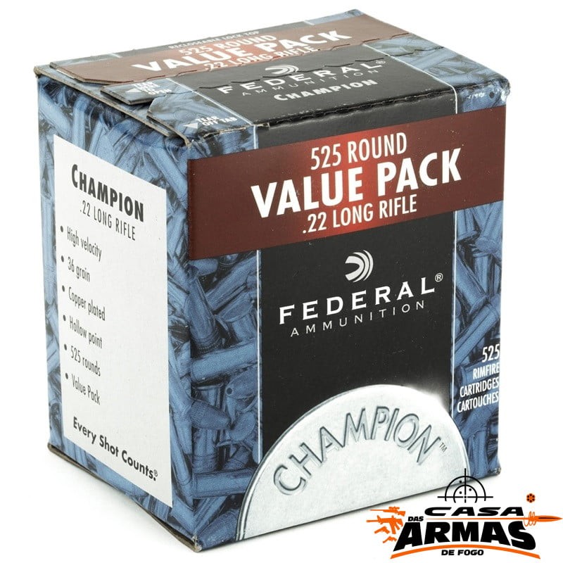 Munição Federal Cal 22 LR 36GR Champion Plated HP Cx 525